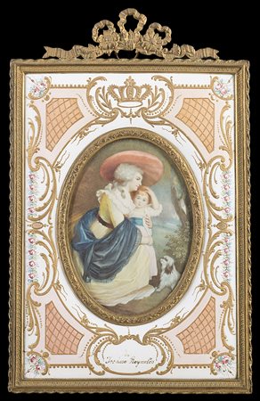 Scuola francese, secolo XIX " Donna con cappello e cane" miniatura ovale su...