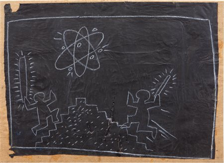 KEITH HARING (1958-1990) Senza titolo 1980gesso bianco su carta nera su tela...