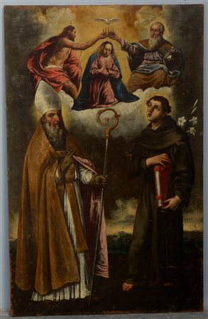 Scuola veneta del secolo XVIII "Incoronazione della Vergine con Santi" olio...