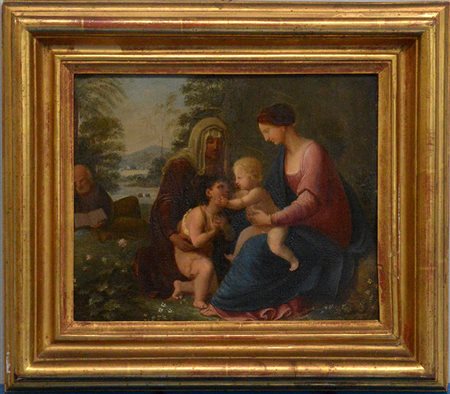 Scuola italiana del secolo XIX "Sacra famiglia" Olio su tavola (cm 20x24,2)...