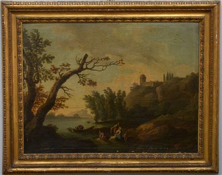 Artista del secolo XVIII “Paesaggio fluviale con lavandaie”, olio su tela (cm...