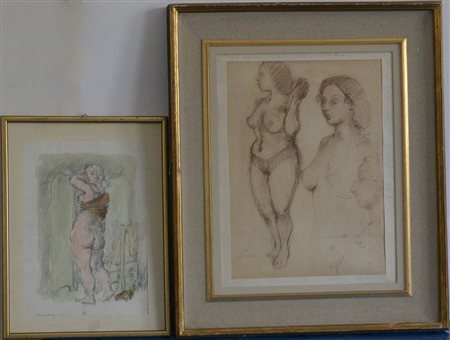 Lotto di due disegni a tecnica mista raffiguranti studi di nudi femminili,...