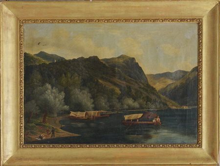 Franco "Scorcio del lago di Como" 1837, olio su tela (cm 55x75) Firmato e...