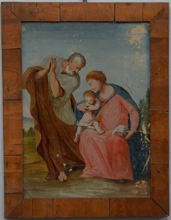Artista del secolo XIX “Sacra famiglia”, verre peint (cm 45x32,5). In cornice...