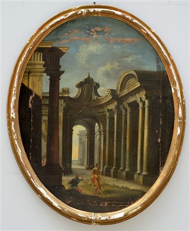 Scuola del secolo XVIII, "Architettura con figure" olio su tela ovale (cm...