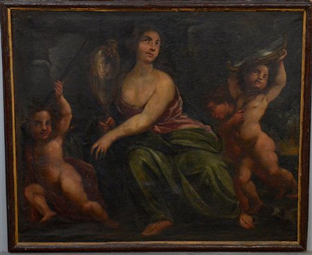 Scuola del secolo XVIII "Scena allegorica con tre putti" olio su tela (cm...