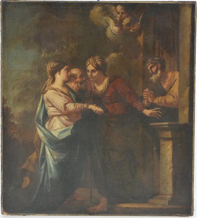 Scuola della fine del secolo XVII, "La visitazione" olio su tela (cm 89x80)...