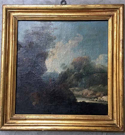 Maestro del XIX Secolo "Paesaggio con torrente" olio su tela (cm 32x31,5) In...