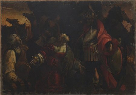 Scuola italiana del secolo XVII "David e Abegail" olio su tela (cm 125x176)...