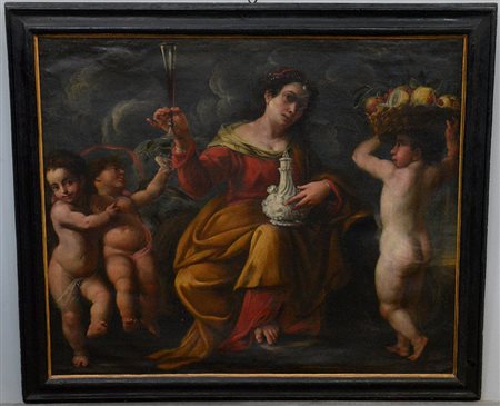 Scuola del secolo XVIII "Scena allegorica con tre putti" olio su tela. In...