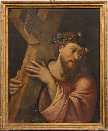 Scuola del secolo XVIII "Cristo portacroce" Olio su tela (cm 74x60) In...