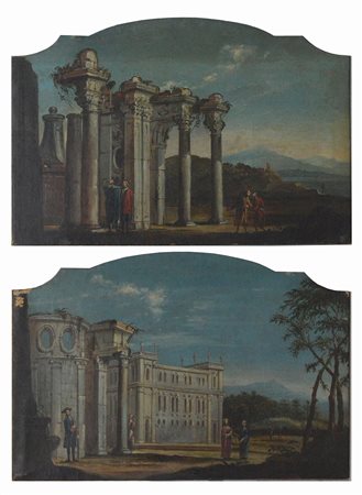 Scuola del secolo XIX, coppia di sovrapporte raffiguranti "Paesaggi con...
