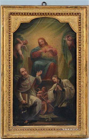 Scuola della fine del secolo XVIII "Cristo in trono con santi" Olio su tela...