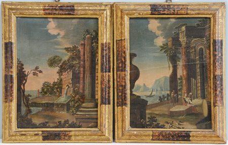 Ignoto del secolo XVIII "Paesaggi con rovine e figure" gruppo di quattro...