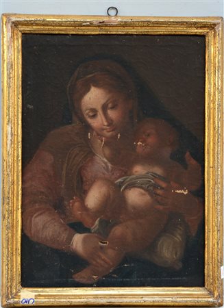 Scuola napoletana del secolo XVIII "Madonna con Bambino" Olio su tela (cm...