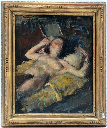 Arturo Rietti (Trieste 1863 - Padova 1943)"Nudo di donna" olio su cartone...