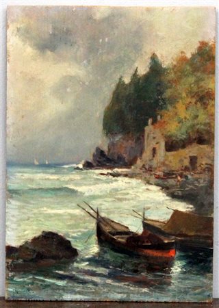 Oscar Ricciardi (Napoli 1864 - 1935)"Paesaggio marino con barche" olio su...