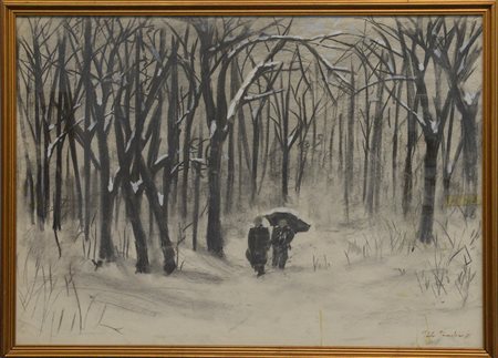 Paolo Paradiso "Passeggiando sotto la neve" '75, tecnica mista su carta (cm...