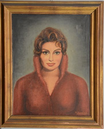 Sarcina M. "Ritratto di signora in abito rosso", olio su tela (cm 68x51),...