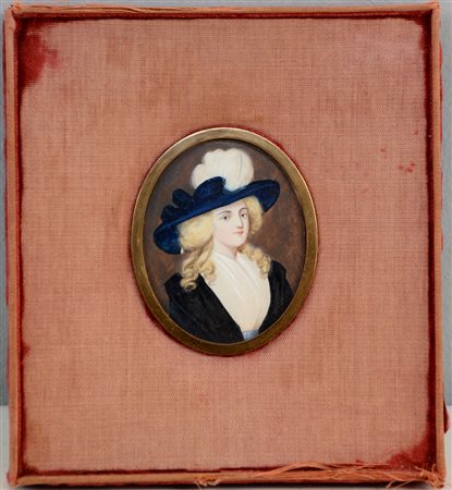 Scuola del secolo XIX "Ritratto di gentildonna con cappello piumato"...