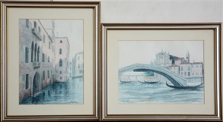 Lotto composto da tre acquerelli raffiguranti scorci di Venezia e un disegno...