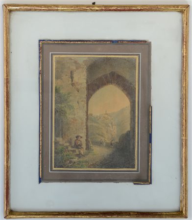 Scuola del secolo XIX "Paesaggio con figure" dipinto ad olio (cm 12x8) In...