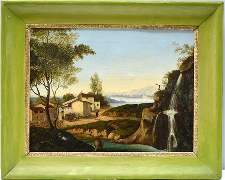 Ignoto "Paesaggio con cascata e lago sullo sfondo" olio su tela (cm 45x60) In...