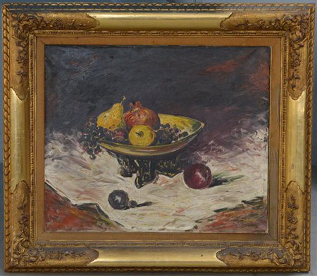 Firma indecifrata, "Natura morta con frutta", olio su tela (cm 50x60) firmato...