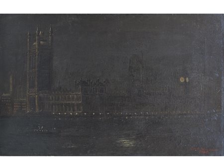 Geo C. Mitchelli (XIX secolo) Paesaggio notturno con Buckingham Palace Olio...