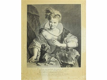 Ritratto di dama con cagnolino di Nicolas Jean-Bapt. Poilly (1712-1758)....