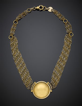 Collier con catena a più fili e centrale tondo in oro giallo g 48,97, lungh....