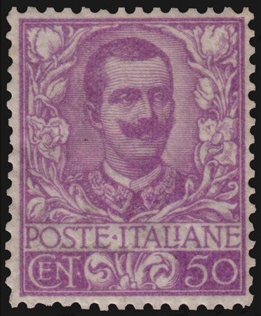 REGNO D'ITALIA 1901"Floreale". 50c. malvaCert. Finanziario...