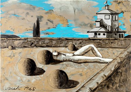 Sergio Vacchi Castenaso 1925-Siena 2016, Paesaggio con figura 1968 Olio su...