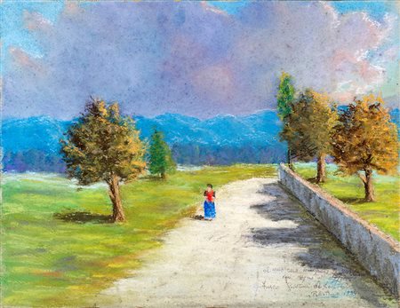 Pittore del XX secolo 0-0, Paesaggio con figura 1934 tempera e pastello su...