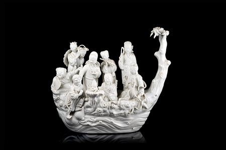 Gruppo in porcellana Blanc-de-Chine raffigurante Immortali taoisti su...