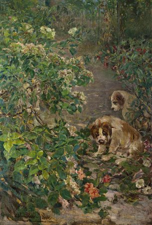 Irene Valentini Sala (Milano 1864 - 1934)"Cuccioli in giardino"olio su tela...