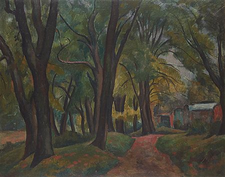 Raffaele De Grada (Milano 1885 - 1957)"Strada rossa nel bosco" 1940olio su...