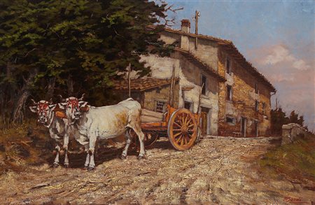 Mario Bordi (Firenze 1896 - 1980)"Toscana, buoi al carro" olio su compensato...