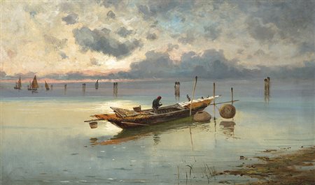 Maestro veneto del XIX Secolo"Barche in laguna"olio su tela (cm 38.5x65)Reca...