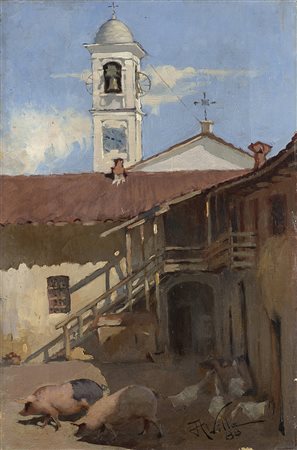 Aleardo Villa (Ravello 1865 - Milano 1906)"La cascina" '88olio su tela (cm...