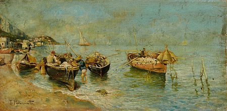 Tito Pellicciotti (Barisciano 1872 - L'Aquila 1943)"Marina con barche"olio su...