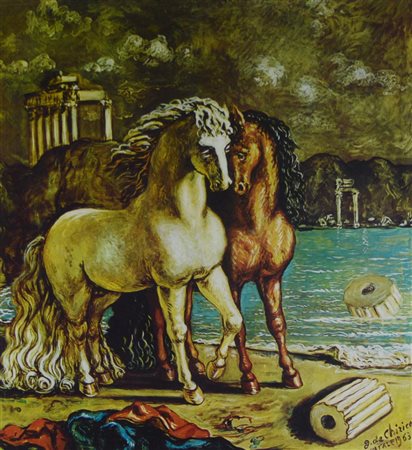 Giorgio de Chirico CAVALLI fotoriproduzione, cm 33x29 sul fronte: firma in...