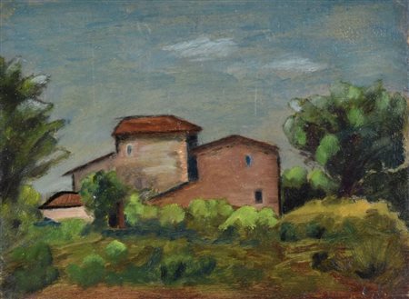 Lina Bellini PAESAGGIO olio su cartone, cm 17x23 siglato sul retro: firmato e...