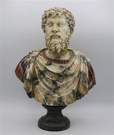 SCULTORE DEL XIX SEC. "Marco Aurelio" Terracotta policroma e base in marmo cm...