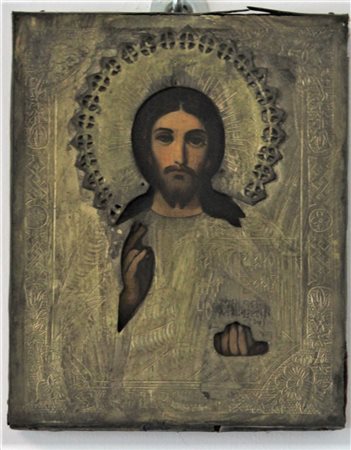 ARTISTA RUSSO DEL XIX/XX SEC. "Cristo Pantokrator" Tempera su tavola con riza...