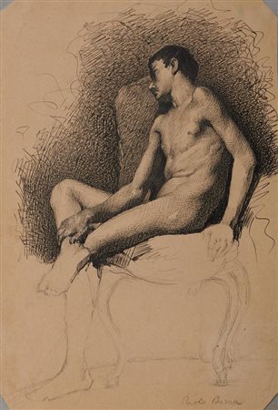 Paolo Borsa (1827 - 1912) NUDO VIRILE SEDUTO Matita di grafite e penna nera....