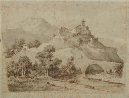 Giacomo Savini [attribuito a] (1767 - 1842) PAESAGGIO FLUVIALE CON PONTE E...