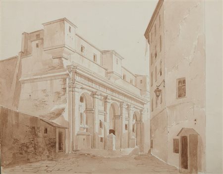 Pompeo Calvi (1806 - 1884) STRADA DI PAESE CON PORTA MONUMENTALE Penna e...