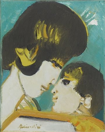 Remo Brindisi (?) 1918-1996 "Mamma con bambino" cm. 25x20 - olio su tela...