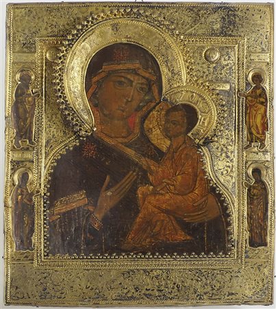 Icona dipinta su tavola raffigurante Madonna di Tichwin con bambino, Russia,...